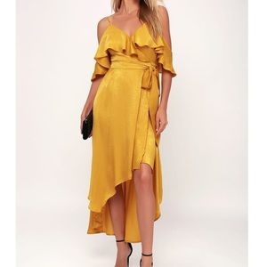 Lulus Mustard Yellow Satin Off-the-Shoulder Wrap Dress- Small